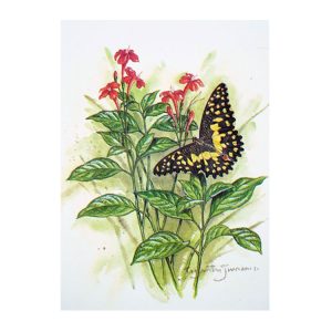 02 CIF BL - Butterfly and Red Flowers Botanical Painting